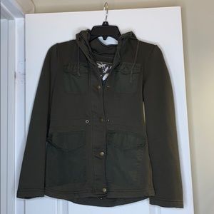 An olive green hooded coat